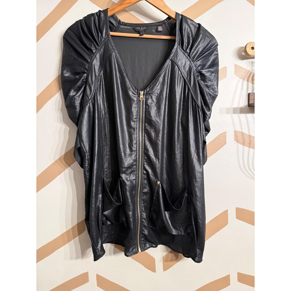 Ted Baker Blouse Womens Size 1 Black Puff Sleeve Zip Front Top‎ CA25459